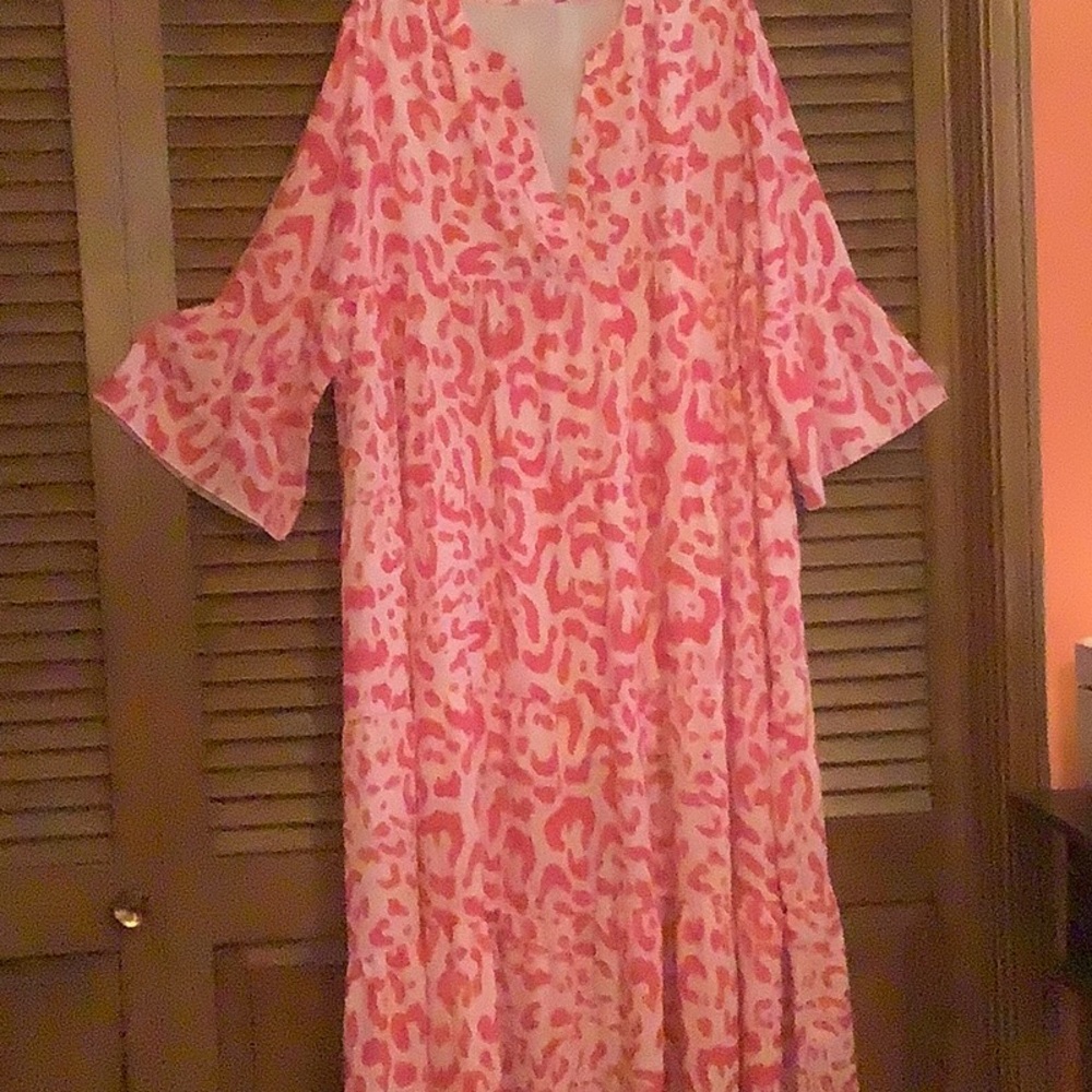 Pink/white leopard, tiered maxi dress.